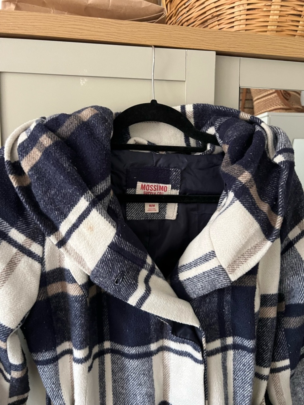 Mossimo Supply Co. Hooded Plaid Belted Coat - Navy, White & Tan - Picture 4 of 7